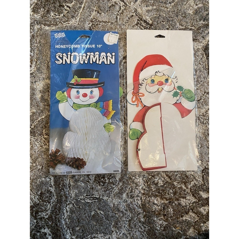 VTG EUREKA CHRISTMAS HONEYCOMB TISSUE SNOWMAN CENTERPIECE 10" Santa JAPAN NEW